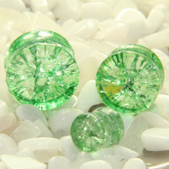 Green Cracked Shattered Glass Double Flare Plugs